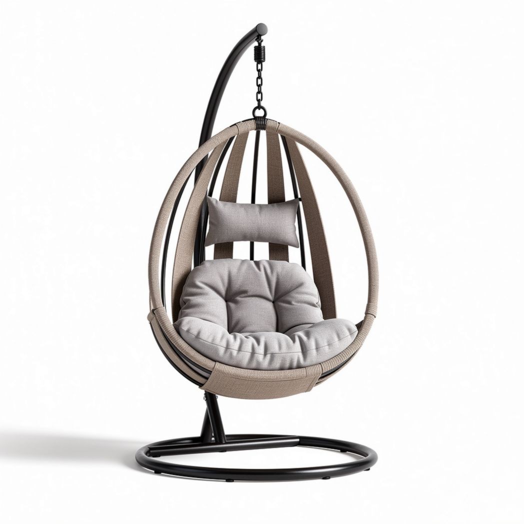 fauteuil suspendu en osier beige avec coussin gris et support en métal noir 100 x 90 x 130cm