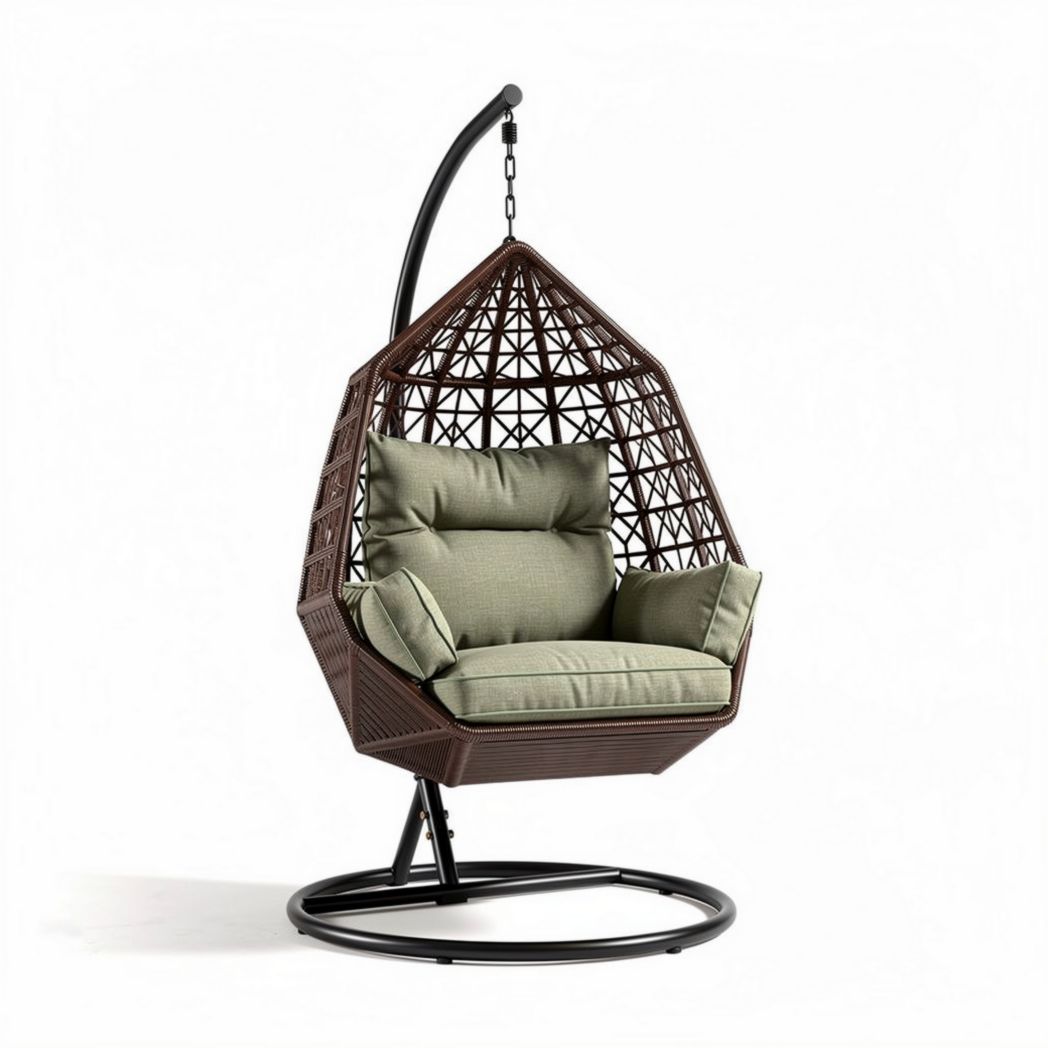 Chaise suspendue en rotin tressé avec coussins en tissu vert 90 x 80 x 120cm