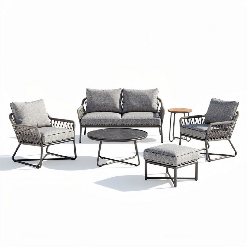 Ensemble de mobilier d'extérieur en métal et tissu gris avec table basse ronde