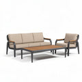 Canapé en aluminium avec coussins en tissu beige et table basse en bois 200 x 80 x 75cm
