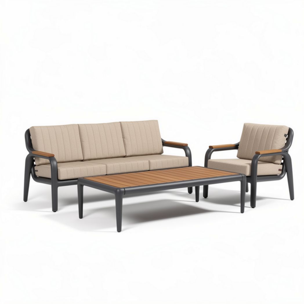 Canapé en aluminium avec coussins en tissu beige et table basse en bois 200 x 80 x 75cm