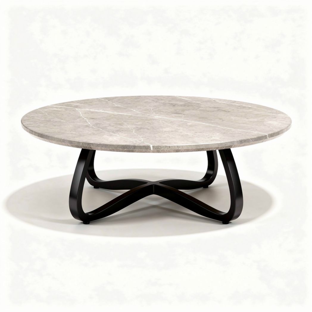 Table basse ronde en marbre gris et métal noir 100 x 100 x 40cm