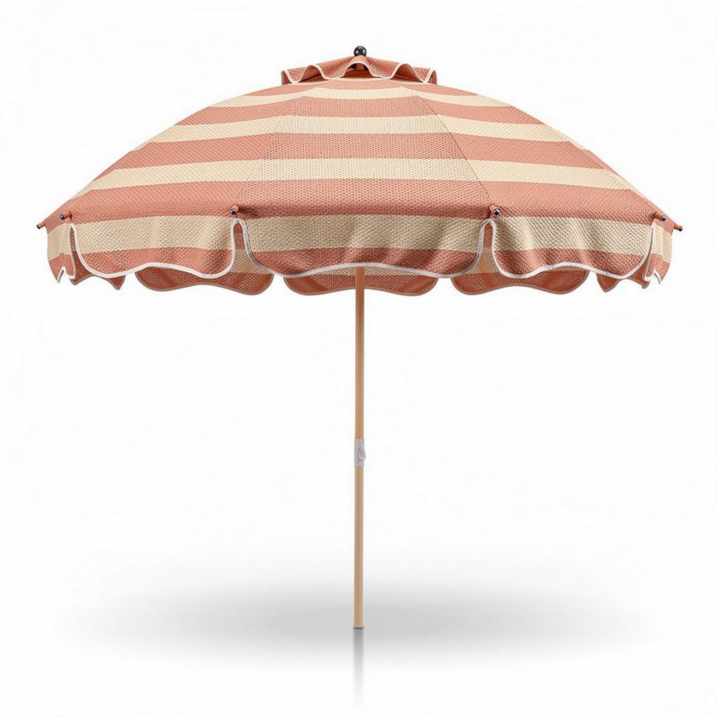 Parasol en toile rayée beige et rose avec mât en bois de 200 x 200 x 250cm