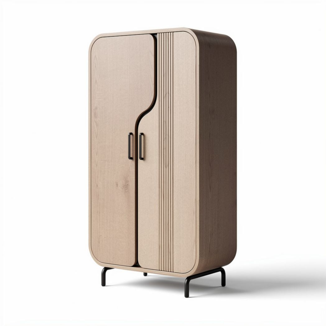 Armoire en bois de couleur beige avec portes et pieds en métal 90 x 45 x 180cm