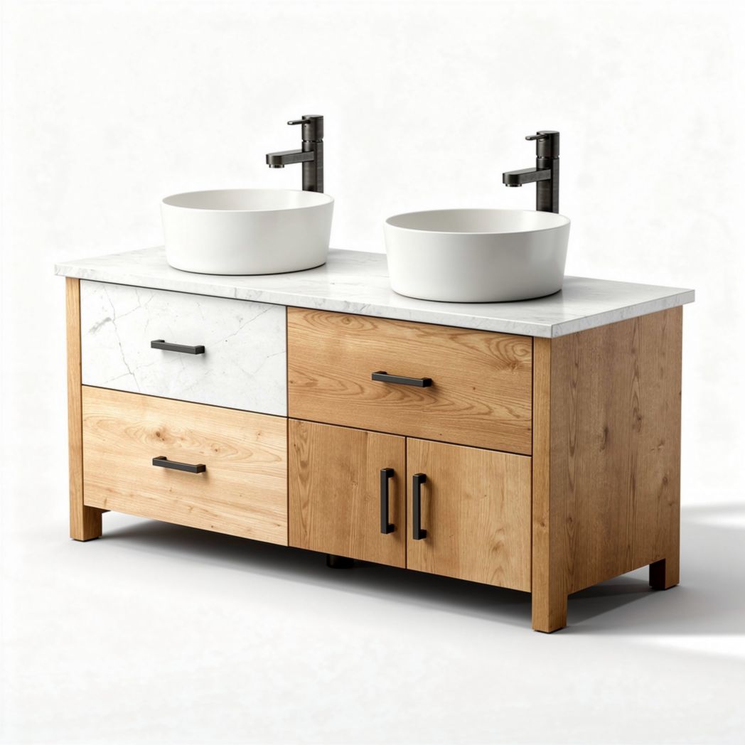 Meuble de salle de bain en bois avec double vasque en céramique et plan en marbre 120 x 45 x 80cm