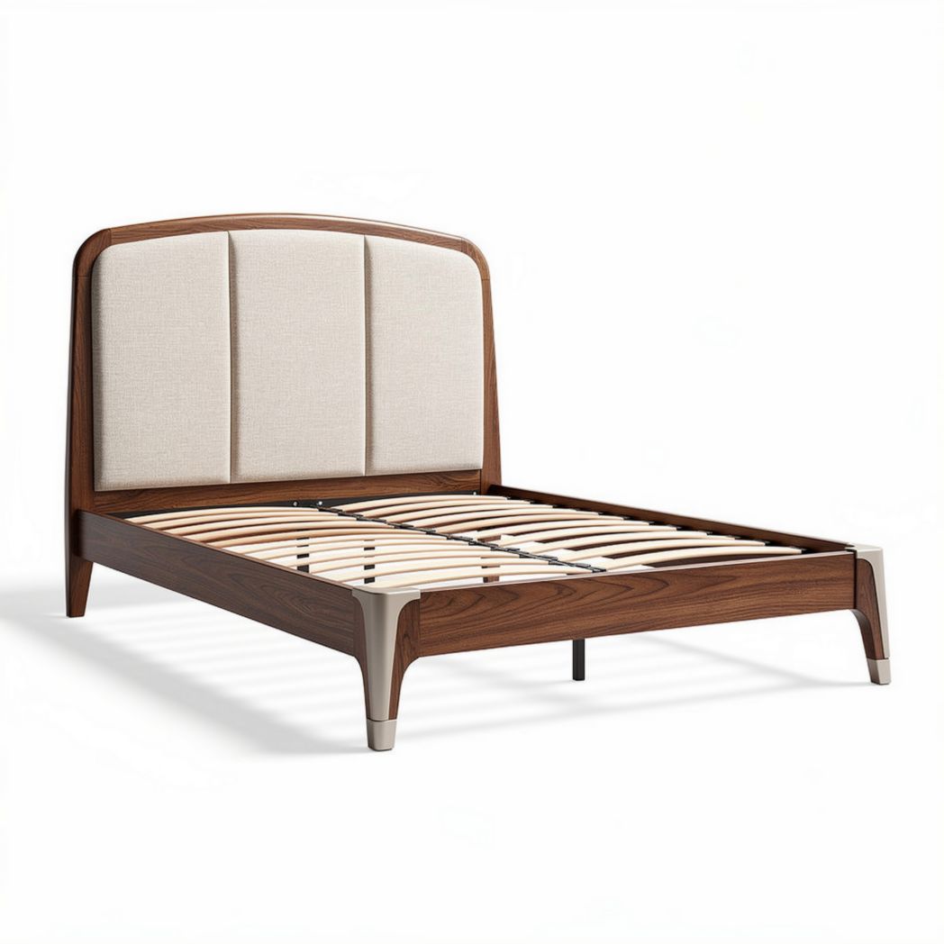 Lit en bois avec tête de lit en tissu beige dimensions 200 x 160 x 100cm