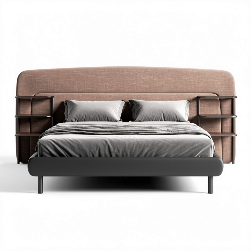 Lit moderne en tissu beige avec têtes de lit intégrées et dimensions 200 x 160 x 100cm