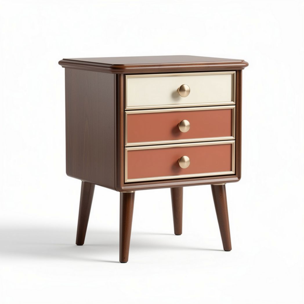 Table de chevet en bois avec trois tiroirs couleur marron et terracotta 45 x 35 x 65cm