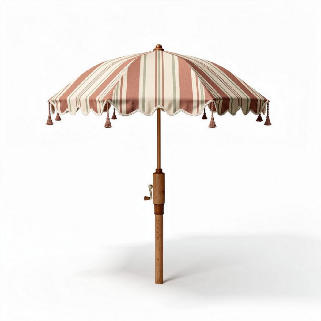 Parasol en bois avec toile rayée rose et crème mesures 180 x 180 x 250cm