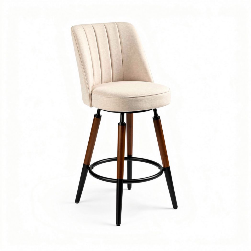 Tabouret de bar en tissu beige avec pieds en bois et acier 45 x 45 x 100cm