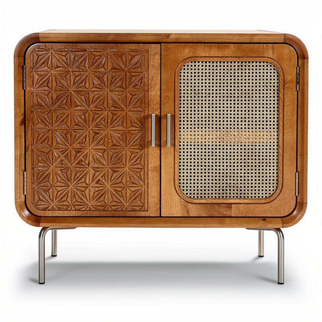 Buffet en bois marron avec portes en cannage dimensions 80 x 40 x 70cm